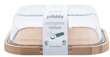Pebbly - Boîte à Fromage avec Cloche en Verre et Plateau en Bambou - 27 x 21,5 x 9,5 cm - Pour 3 à 4 Fromages, Petit Format Compact Idéal pour Conserver et Servir, Matériaux Naturels sans BPA