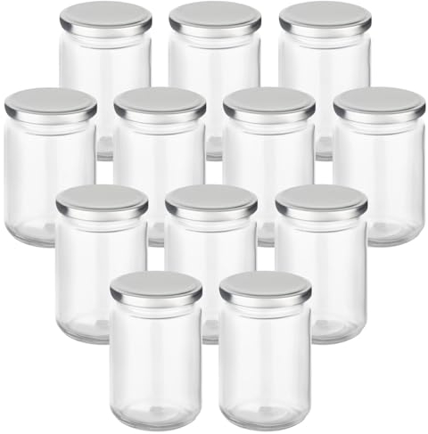 gouveo 12er Set Einmachgläser 350 ml rund mit Schraubdeckel silberfarben - Vorratsgläser mit Schraubverschluß - Schraubgläser zum Einkochen und Aufbewahren