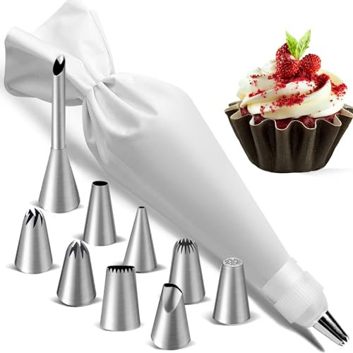 Set di Sacchetti per Piping,Tasca da Pasticceria Riutilizzabili,Beccucci Grandi,con 9 Ugelli per Tubazioni & 1 Adattatore per Decorazione di Torteper Decorazione Torte.