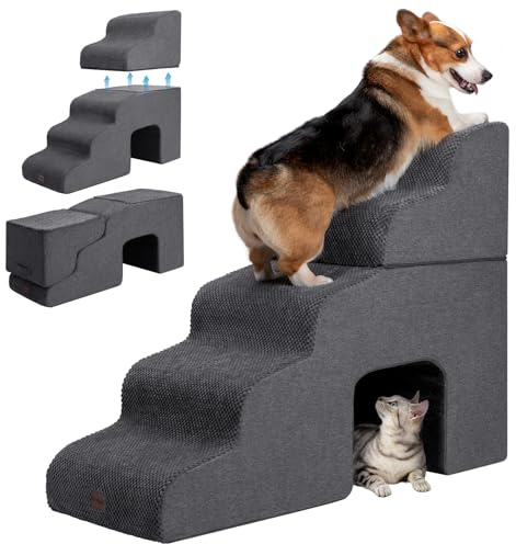 Garnpet Dog Stairs for High Beds with Tunnel, 5-Step Dog Steps for Small Dogs and Cats, Foldable Pet Stairs for High Bed Climbing, Non-Slip Balanced Pet Step Indoor, Dark Grey