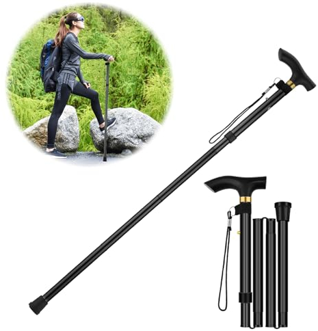 GUOYOU Bastone per Anziani Pieghevole Bastone da Passeggio Altezza Regolabile Bastone per Camminare Portatile Bastone Telescopico con Cinturino da Polso e Manico a T Bastoni da Trekking Nero