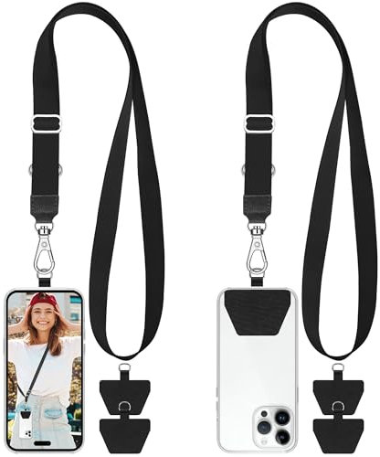 takyu 2 PCS Adjustable Phone Lanyard Neck Strap, Universal Mobile Phone Lanyard with 4 Adhesive Tethers for Smartphone Safety, Compatible for Iphone, Samsung, Huawei and Most Smartphone Black