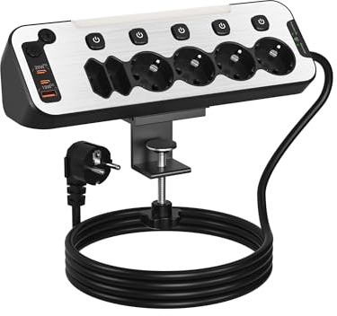 Steckdosenleiste Schreibtisch mit USB C, PD20W Tischsteckdose mit Schalter 6 Fach Mehrfachsteckdose Überspannungsschutz Tisch Steckdose Einzeln Schaltbar Steckerleiste Wandmontage 2M Kabel,Schwarz