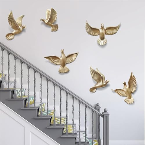 ZWESKUX Paquete de 6 decoración de Pared de Gaviota, esculturas de pájaros voladores 3D, Arte de Pared, pájaros de Resina, Paloma, Colgante de Pared para decoración del hogar y Dormitorio,Gold