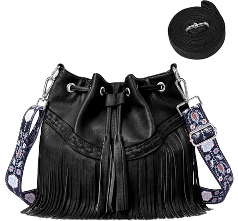Sunwel Fashion Women Western Fringe Purse Double Straps Hippie Hobo Bag Crossbody Bag with Tassel