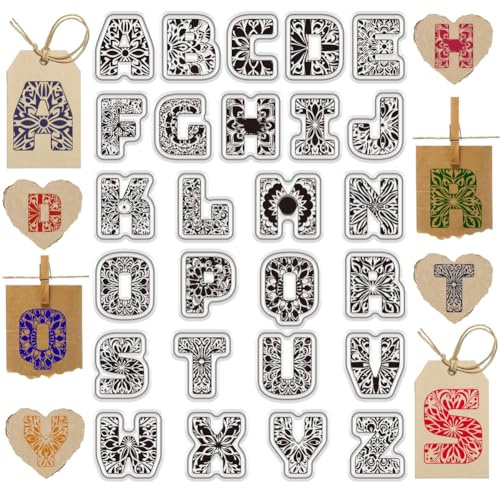 PH PandaHall Alphabet Clear Stamps Set 26pcs Mandela Letter Patterns Rubber Stamp Silicone Clear Stamps Reusable Transparent Stamps for Scrapbooking Journaling Card Making Album Photo Decoration