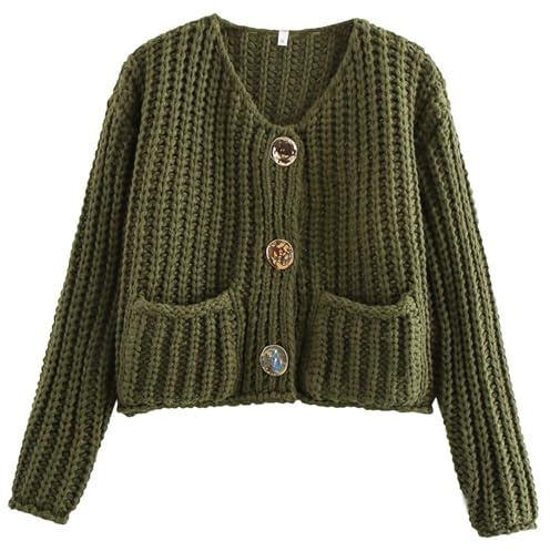 Arssm Womens Cropped Cardigan Sweaters Chunky Open Front Button Down Knit Sweater Long Sleeve Loose Cardigan Outerwear, Armygreen, XL