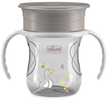 Chicco Vaso Infantil Perfect, Vaso Antiderrame para niños 200 ml, 1 Biberón 12+ Meses para Aprender a Beber, con Membrana de Silicona 360° y Asas Extraíbles, 0% BPA, Gris