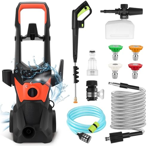 KAOLALI Hidrolimpiadora de Alta Presion, 3000W Presión de Trabajo, Caudal 336L/H, con Pistola Pulverizadora, Manguera De 10 m, 4 Boquilla, para Coches, Vallas, Patios