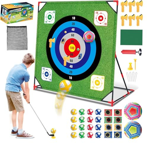 Yoyoom Golf Chipping Game, Battle Game for Kids & Adults, Giant 54”x54” Golf Target Mat with 16 Sticky Balls, 8 Bean Bag, 6 Axe & 2 Soccer, Perfect for Family Fun, Lawn, Poolside, Backyard Party