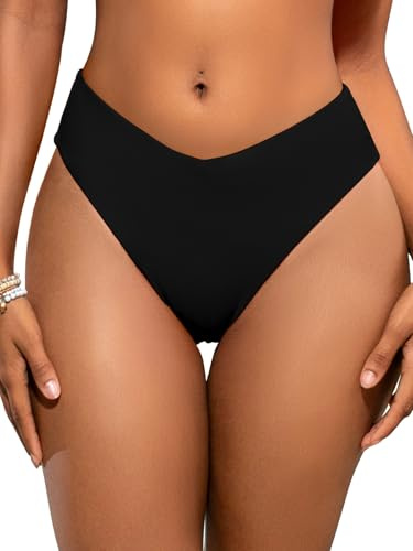 SHEKINI Bas Maillot de Bain Femme Taille Haute Bas de Bikini Femme Coupe en V(L, Noir)