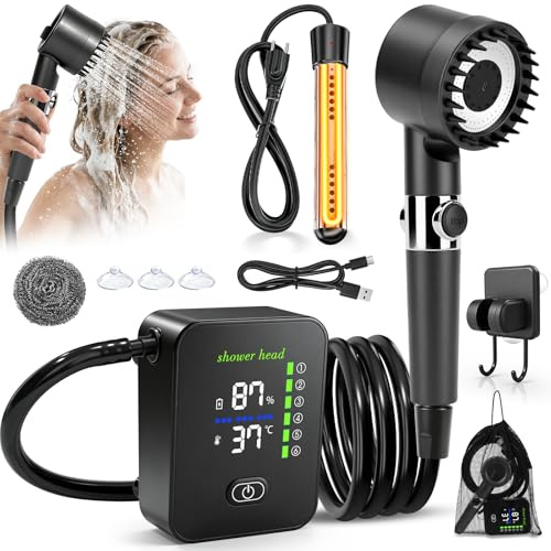 KingSom Campingdusche mit Pumpe, 8000mAh Akku Camping Dusche, Tragbare Campingdusche Outdoor mit Heizung, Camping Dusche Set mit Groß LED Display, Einstellbarem Duschkopf, für Garten,Reisen,Autowäsche