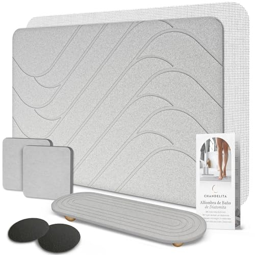 Chandelita Tappeto Bagno Diatomite 60×39 cm ad Asciugatura Rapida – Set con Accessori, Antiscivolo, Igienico e Assorbente – Tappeto Diatomite Bagno Ideale per Doccia e Bagno Moderno
