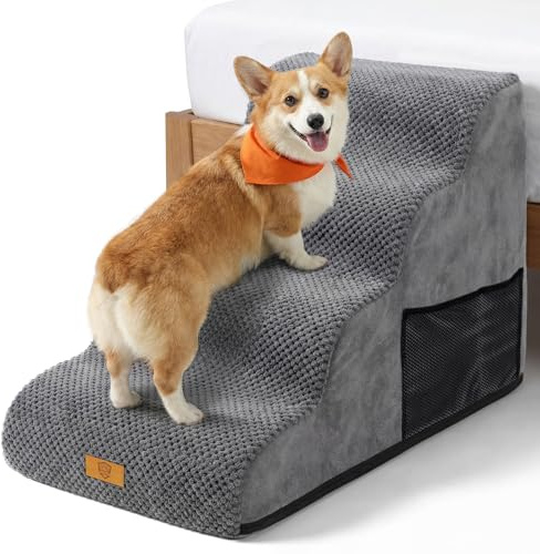 Masthome 4-Step Dog Stairs, Dog Steps for Bed, Non-Slip Gentle Slope | Stable High-Density Foam, Removable Washable Cover, Portable Handle, for Small Senior Injured Dogs Cats, 73.5 x 40 x 53.5cm