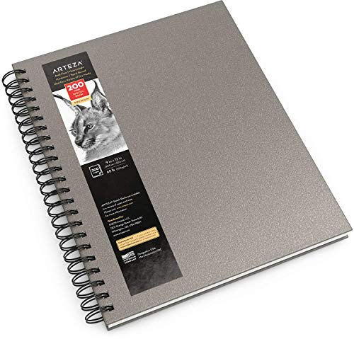 Arteza Sketch Book, 9x12-inch Gray Drawing Pad, 100 Sheets, 68 lb 100 GSM, Hardcover Drawing Book, Spiral-Bound Sketch Pad for Pencils, Charcoal, Pens, Crayons and Other Dry Media
