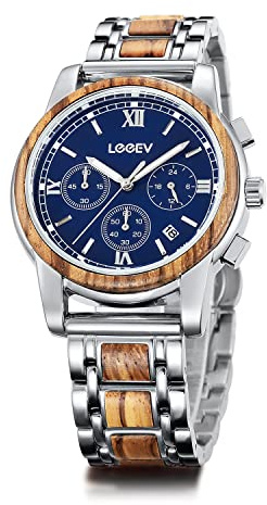 LeeEv Montres en Bois pour Homme de Luxe élégant en Bois et Acier Inoxydable chronographe Militaire Montre à Quartz Mode