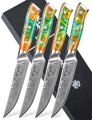SANMUZUO Juego de 4 Cuchillos de Carne, 13cm Cuchillos de Bistec Acero de Damasco Set Cuchillo Chuleteros, Afilado Cuchillos de Cocina con Mango de resina, Serie Xuan(Naranja de Fantasía)