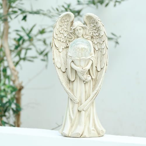 WONDER GARDEN Statue di angeli per giardino, statua da giardino, angeli da giardino, statuette solari da giardino con sfere di vetro incrinato per decorazione da giardino o regalo di inaugurazione