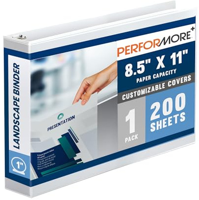 Performore - 8.5 X 11 Landscape View Binder, 3-Ring-Binder 1 Capacity Round Ring, White Horizontal Formatted with Clear Cover Pockets, Perfect for Documents, Projects and More