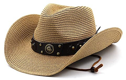 Cowboyhut Damen Herren Strohhut Westernhut Cowgirlhut Panamahüte Sommer Hut Sonnenhut Strandhut Fischerhut Faltbar Krempe Cowboy Hut mit Band (DE/NL/SE/PL, Alphanumerisch, Einheitsgröße, Khaki)