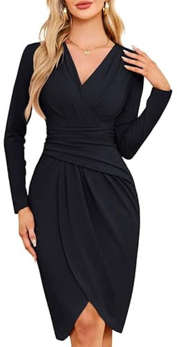JASAMBAC Dresses for Women UK, Long Sleeves Evening Dresses Bodycon Wedding Guest Dress Ruched Wrap Dress Formal Pencil Midi-Dress for Work Business Party Black