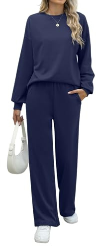REORIA Women Cotton Lounge Wear Sets Crew Neck Tracksuit Set Two Piece Outfit Long Sleeve Top and Wide Leg Pants Co Ord Sets Navy Blue L