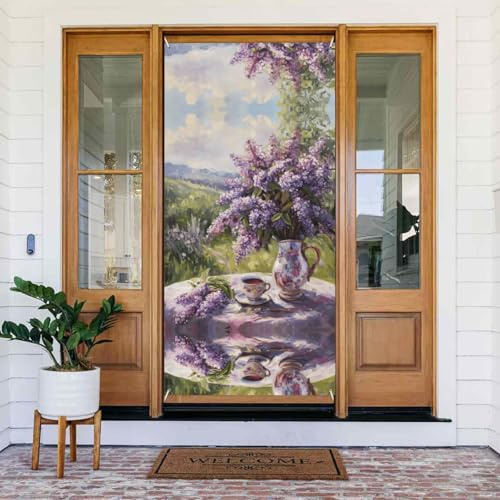 Cubiertas decorativas para puerta de tetera de lilas, decoración de pancarta de puerta para interiores y exteriores, primavera, verano, otoño, invierno, Halloween, decoraciones de Navidad