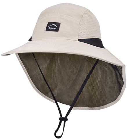 Happy Cherry Chapeau Pêche Enfant Respirant Eté Large Bord Garçon Fille Chapeau de Randonnée Pliable Imperméable 54-56CM/3-10 Ans Beige