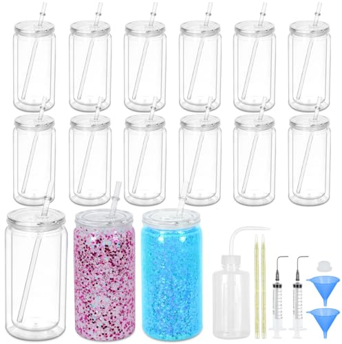 Maucircol 15 Pack Acrylic Snow Globe Tumbler, 16 Oz Pre Drilled Double Wall Snow Globe Supplies Kit, Plastic Snowglobe Tumbler Diy Kit Including Cups And Diy Tools