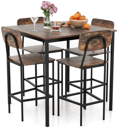 COSTWAY Ensemble Table et 4 Chaises, Table Haute Cuisine 90 x 90 cm, Tabouret avec Dossier, Mange Debout pour 4 Personnes, Design Compact, pour Cuisine, Bistro, Salon, Bar (Marron foncé)