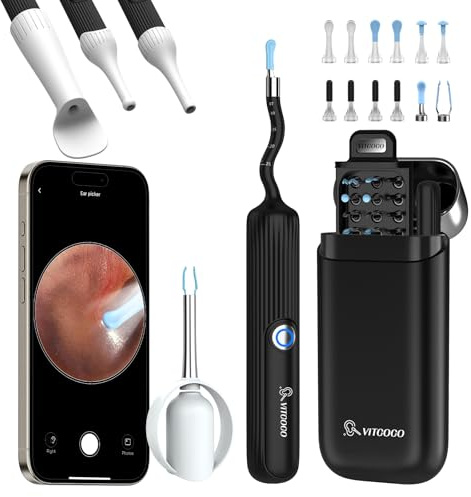 VITCOCO Ear Wax Removal Otoscope,1080P HD Ear Cleaner with Painless Tweezers, Flexible Earwax Remover with IP67 Waterproof, 12 Soft Tips, 3 Inspection Heads, for Adults, Children and Pets