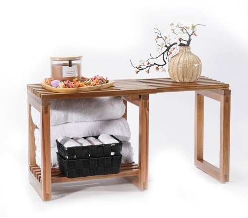 SVADA Taburete de ducha extensible de madera de acacia, banco de ducha de acacia con estante, banco de sauna multifuncional, taburete y mesa auxiliar de madera para baño, ducha, balcón, jardín