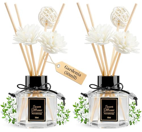 TonJin 2PCS Gardenia Reed Diffuser Set 1.7 fl oz with 6 Scent Sticks, White Floral Home Fragrance, Natural Scented Oil Sticks for Bathroom, Living Room & Bathroom | Non-Toxic Air Freshener
