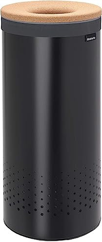 Brabantia - Wäschekorb - Quick-Drop-Öffnung - Perfekt sitzenden Baumwollwäschesack - Korrosionsfrei - Mit Belüftungslöcher - Korkdeckel - Wäschesammler - Matt Black - 35 L