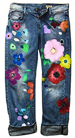 Onsoyours Femme Jean Slim Fit Stretch brodé Fleur Tournesol Jeans Femmes Floral Imprimé Taille Haute Hippie Pantalon Hip Hop Pantalon