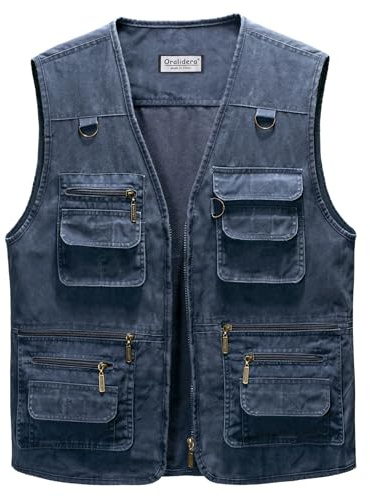 Oralidera Hombre Chaleco Tipo Safari Multibolsillos Chaleco Exterior de Algodón Chaleco de Pesca Fotografía Chaquetas sin Mangas de Trabajo Chaleco de Caza, Azul, L