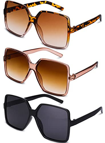 Fuyamp 3 Stück Rechteckige Übergröße Sonnenbrille Damen Herren Groß Brille, UV 400 Retro Quadrat Brillen Mode