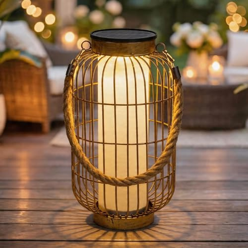 pearlstar Large Solar Powered Lantern Outdoor-Heavy Duty Metal Hanging Lights Decorative Solar Table Lamp Waterproof for Outside Patio Yard Garden Porch Tabletop Decor (Copper)