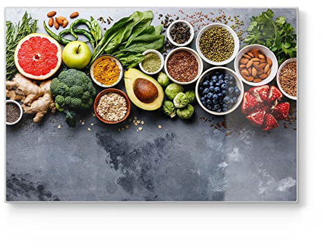 DEQORI Tagliere in vetro, grande, 30 x 20 cm, motivo selezione di superfood, tagliere di design per cucina, tagliere per la colazione, antibatterico e antiscivolo, piatto in vetro e piatto da