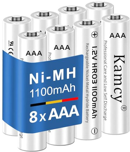 KAMCY Batterie Ricaricabili AAA, Ministilo, ad alta capacità, 1100 mAh, Pile AAA Ricaricabili Ni-MH 1,2V HR03, 1200-1500 Cicli, pre-caricate, Confezione da 8