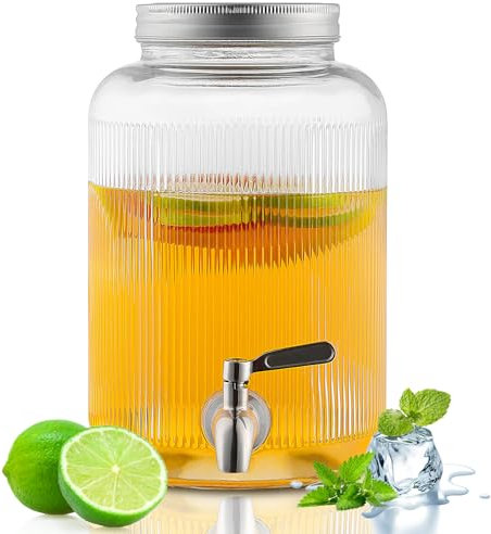 Evanda Dispensador de bebidas de vidrio con grifo de acero inoxidable a prueba de fugas, Dispensador de bebidas heladas de 4L, Dispensador de bebidas para tetera de frutas para hacer té helado