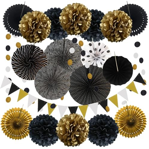 Schwarz Gold Party Dekoration Papier - Pompoms, Aufhängen Fächer, Dreieckige Wimpel und hängende Glitter Punkt Papier Girlande für Party Hochzeit Geburtstag Graduierung Weihnachten Karneval 20 Stück