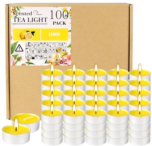 100 Pack Scented Tealight Candles - 4 Hours Burning Lemon Aromatherapy | Valentine's Day Romantic Dinner & New Year Home Decor, Yellow Votive Candles for Wedding, Holiday Gift & Emergency (Yellow)
