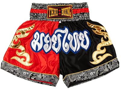 MUAY NATION Pantalones Cortos de Muay Thai para Hombres y Mujeres, Corte Ajustado, Shorts de Boxeo MMA para Entrenamiento, Ropa de Kickboxing (FR/ES, Letras, L, Regular, Regular, Rojo/Negro)
