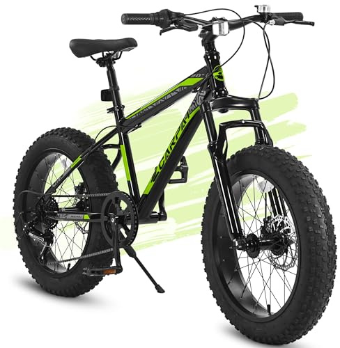 Thctvous 20 inch Kids Bike with 4 Wide Fat Tire Wheel, Boys Bikes Ages 8-12 with Double Disc Brakes, 7-Speed Kids' Bicycles City Snow Beach Mountain Bike for Boys Girls (Green 20”)