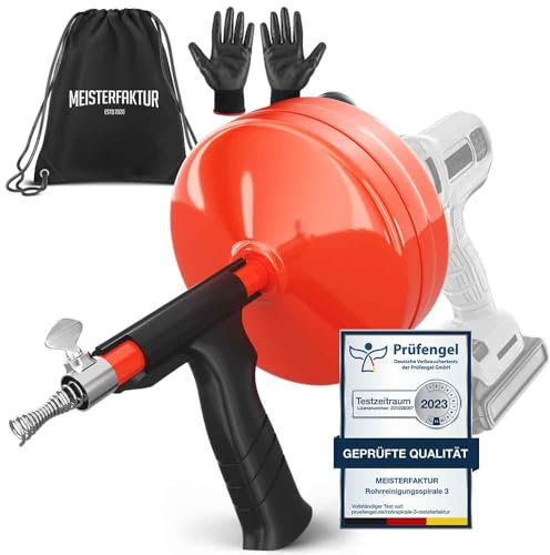 Meisterfaktur Spirale de nettoyage de tuyaux avec tambour en métal [10 M] – Avec embout de perçage – Spirale de vidange idéale pour un nettoyage écologique des tuyaux