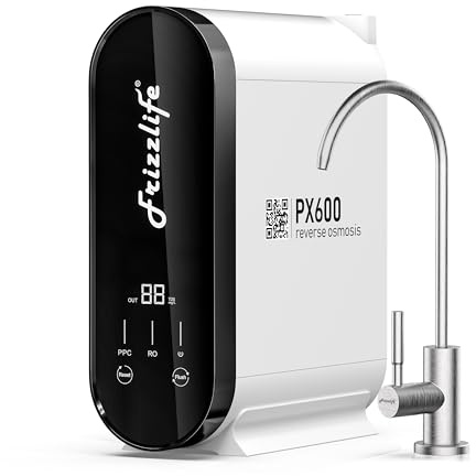 Frizzlife Impianto ad osmosi inversa, 600 GPD, decalcificazione RO, filtro dell'acqua inferiore, 2:1 puro per drenare, riduce TDS, senza serbatoio, senza BPA, PX600