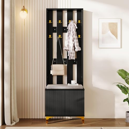 KOMHTOM Vestiaire d'entrée avec Crochets et Banc à Chaussures Casier vestiaire avec Armoire à Chaussures, Meubles pour entrée Modernes (A-Noir)