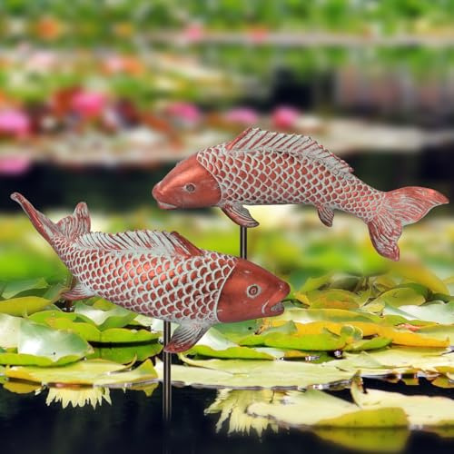 Wosuine Outdoor Statues Garden Koi Fish Decor, 2pcs Koi Fish Sculpture | Antique Copper Fish Statues for Pond Lawn Patio Porch Yard Decor Home House Ornaments, Birthday Gardening Gifts for Women Mom