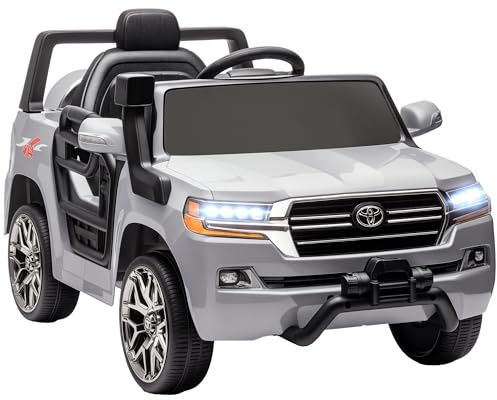 AIYAPLAY Coche Eléctrico para Niños de +3 Años Toyota Land Cruiser Coche Eléctrico con Batería 12V Mando a Distancia Faros Bocina Arranque Suave y Música MP3 Gris